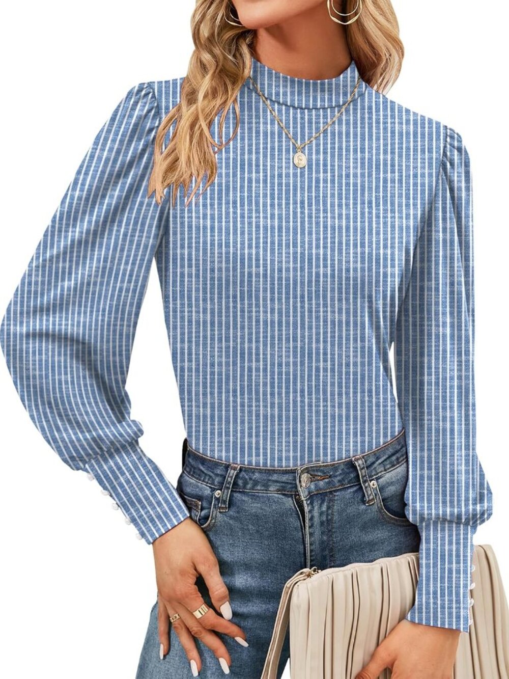 Mock Neck Tops for Womens Turtleneck Puff Long Sleeve Shirts Blouses